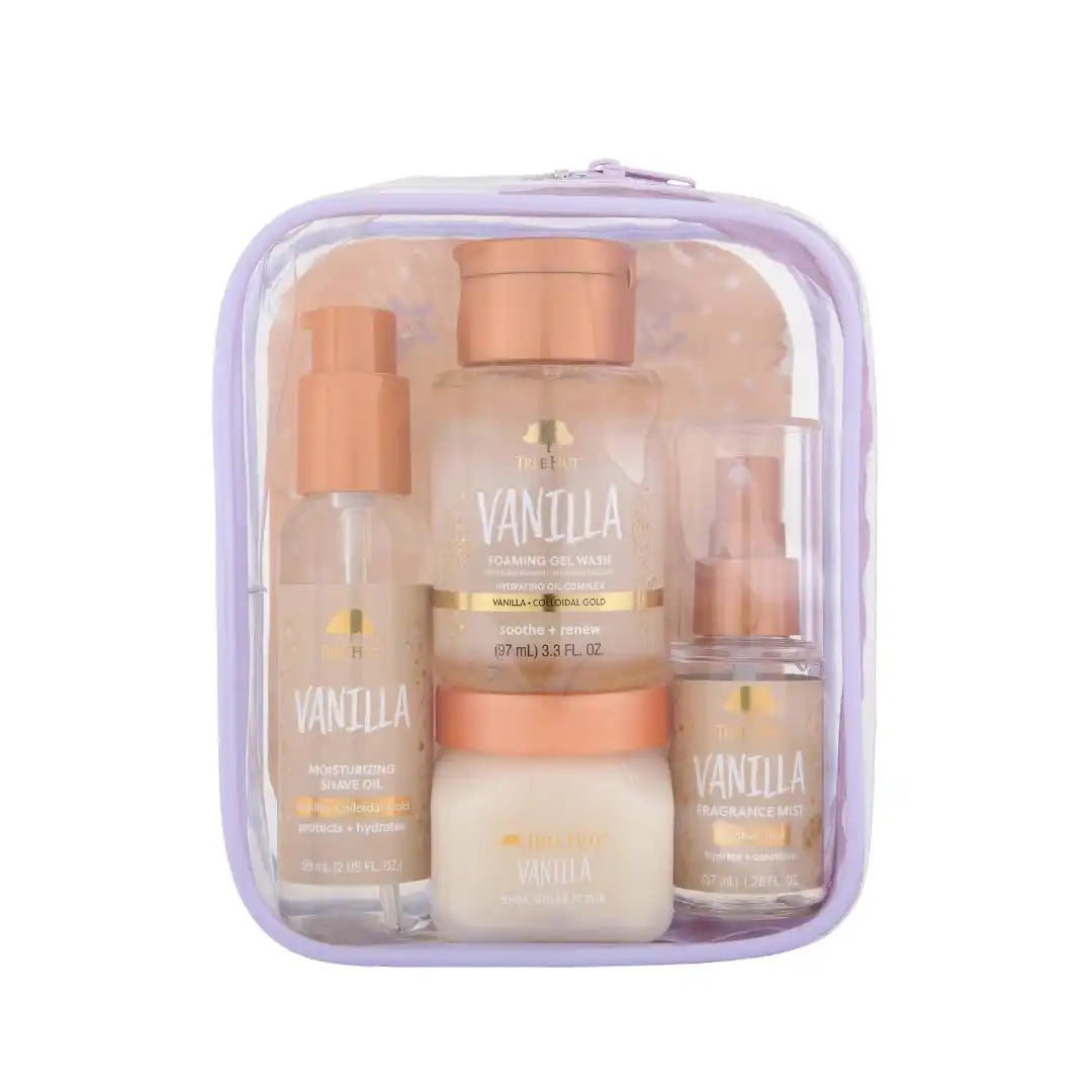 Tree Hut Vanilla Everything Shower Gift Set, 4 Piece Kit, Travel Size | Exfoliating Body Scrub, Body Wash, Shave Oil & Body Spray, Self Care Gift Set, Nourishing & Moisturizing with Shea Butter Main image